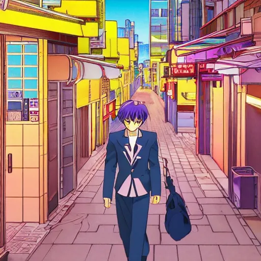 Image similar to man walking streets of quarter latin, sprite, vaporwave nostalgia, directed by beat takeshi, visual novel cg, 8 0 s anime vibe, kimagure orange road, maison ikkoku, sketch by osamu tezuka, directed by makoto shinkai and beat takeshi