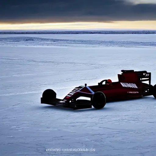 Image similar to an f1 car drifting across a frozen ice lake, cinematic shot