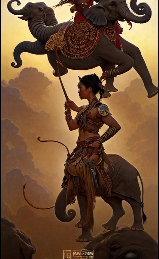 Image similar to magic tribal ethnic asian female, riding a war elephant, gorgeous lighting by weta studio, mucha, bautista and norman rockwell and greg rutkowski and tom bagshaw and james gurney and lucasfilm