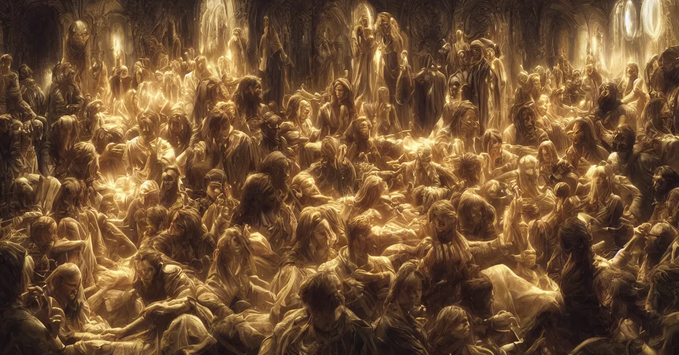 Prompt: human souls sit in the cinema and watch volumetric light of consciousness reflecting their lives on screen of illusions, realistic, deep sense of spirituality, visual plasticity, unreal engine quality, raytracing, vray shading, style of donato giancola