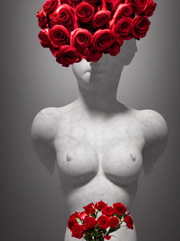 Image similar to portrait art venus of milo sculpture made of white marble, concept art, red roses exploding from her heart, volumetric lighting, hyperrealistic, focused, extreme details, masterpiece, fine details