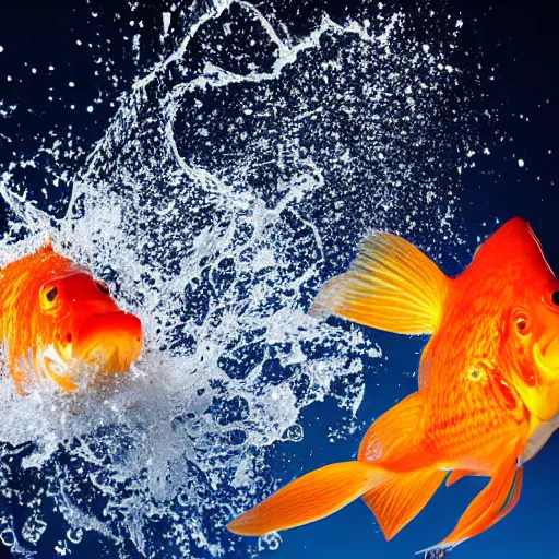 Image similar to stock photo of goldfish jumping out of the water bowl to freedom out blue background