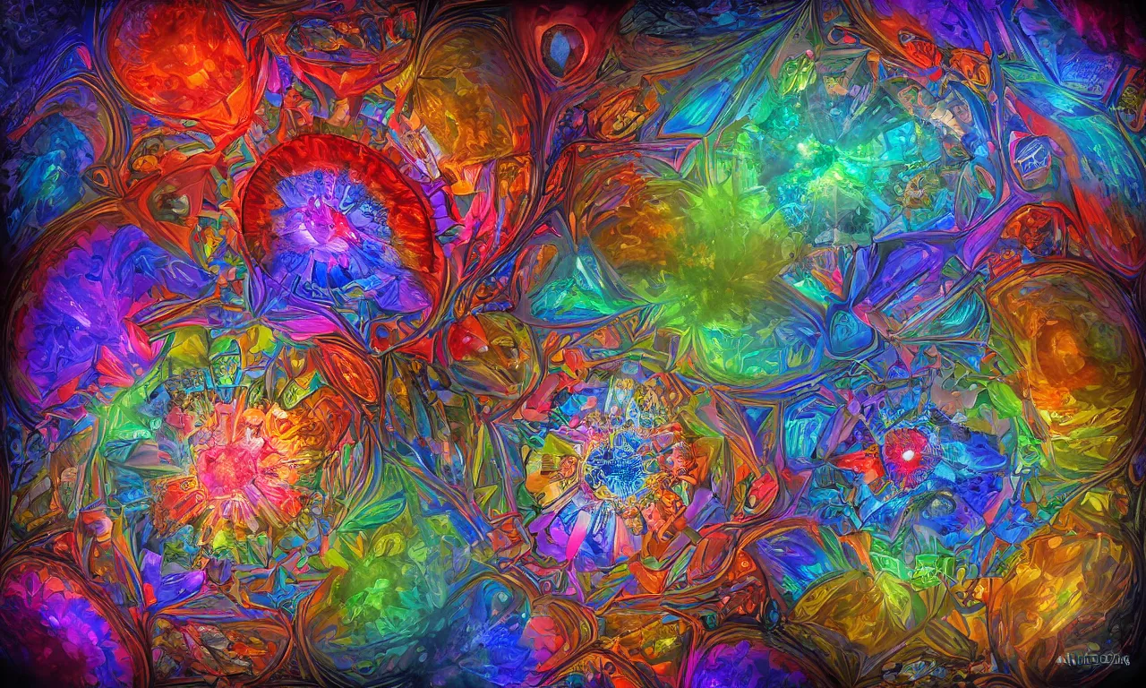 Image similar to voronoi engine laboratory 3 d volume kaleidoscope mandala fractal chakra digital multicolor stylized concept substance by artgerm, rossdraws, norman rockwell, magali villeneuve, gil elvgren, alberto vargas, earl moran, enoch bolles radiating a glowing aura global illumination ray tracing hdr