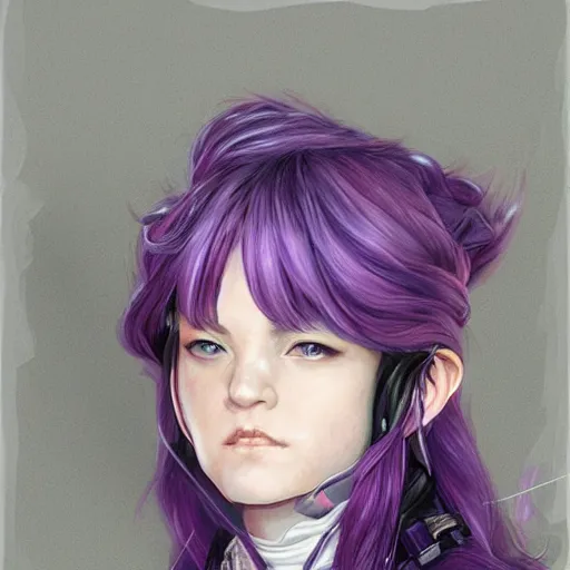 Image similar to portrait of a female halfling sorcerer by ayami kojima, she is about 2 0 years old, purple hair, leadership vibes, she is wearing a modern tactical gear, scifi, highly detailed portrait, digital painting, artstation, concept art, smooth, sharp foccus ilustration, artstation hq