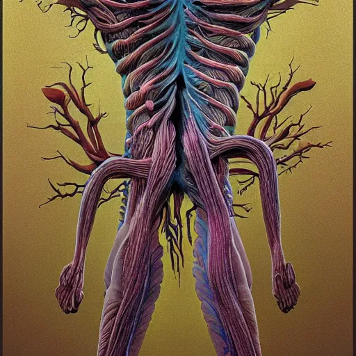 Image similar to nightmare etherreal iridescent vascular nerve bundles pearlescent spinal chord horror by naoto hattori, zdzislaw, norman rockwell, studio ghibli, anatomical cutaway