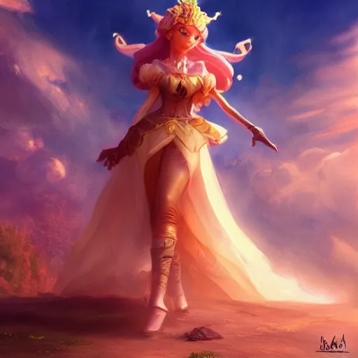 Image similar to princess peach, posing heroically, heavenly, full body close-up shot, elegant, realistic character concept, high fantasy, light atmosphere, golden ratio, cinematic lighting, hyperdetailed, high resolution, insanely detailed and intricate, artstation, Marc Simonetti, Greg Rutkowski, octane render, 8k