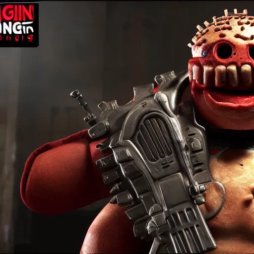 Image similar to burger king kurger bing creepy mascot in gears of war, cinematic shot