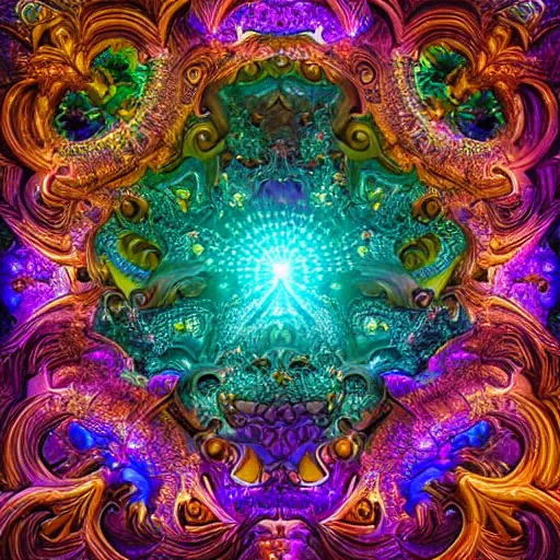 Prompt: a beautiful intricate stone carving of a sprawling psychedelic cathedral populated by mandelbrot fractals by android jones, carved soap, unreal engine, splashes of neon, volumetric lighting, dynamic lighting, bright, dramatic lighting, high contrast, neon glow, carved marble, opalescent, sacred geometry, religious, angelic, catholicpunk, stark, trending on artstation