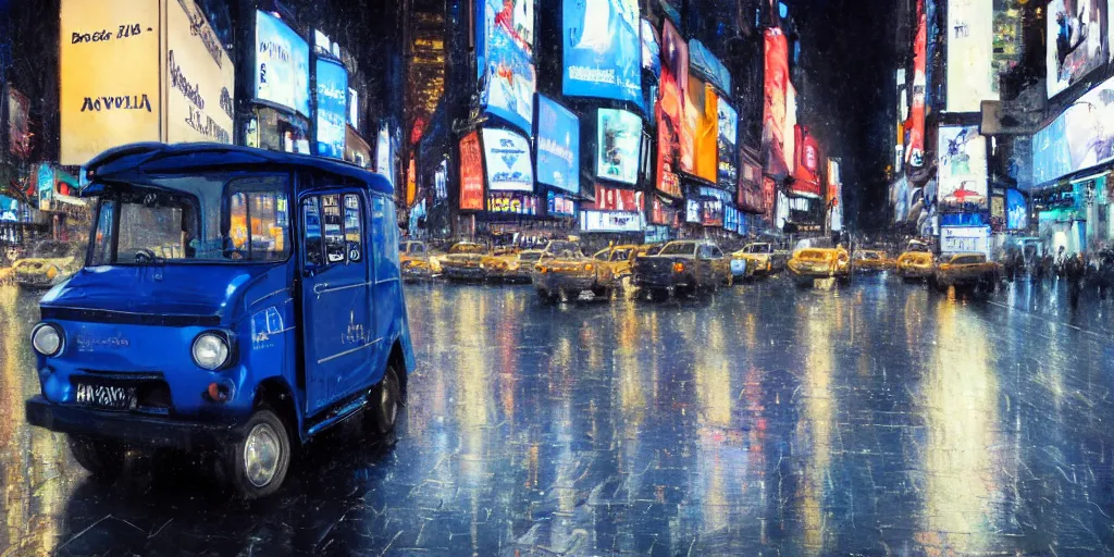 Prompt: a blue and white tuk tuk in Times Square at night, very hazy, rainy, very diffused lighting, moody, dark purple tones, shallow depth of field, motion blur in background, style of John Berkey, Norman Rockwell, Hans Thoma, Ivan Shishkin, Tyler Edlin, Thomas Kinkade, 4k