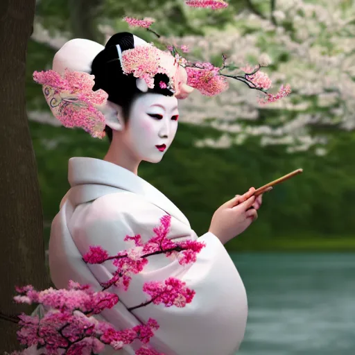 Image similar to extremely beautiful geisha gazing into camera lens, hyper realistic 3 d digital art, cherry blossom pedals floating around, trending on artstation
