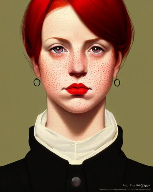 Prompt: a detailed portrait of a pretty!! female with red hair and freckles who is president of the united states, 1 8 4 2, by ilya kuvshinov, digital art, dramatic lighting, dramatic angle, 1 9 th century