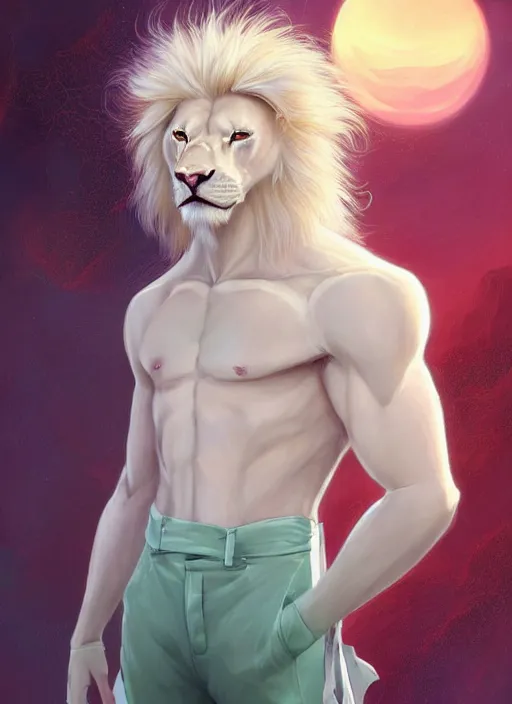 Prompt: aesthetic portrait commission of a of a male fully furry muscular anthro albino lion with a tail and a beautiful attractive hyperdetailed face wearing stylish and creative wearing mint outfit made out of silk in a sci-fi dystopian city at golden hour while it storms in the background. Character design by charlie bowater, ross tran, artgerm, and makoto shinkai, detailed, inked, western comic book art, 2021 award winning film poster painting