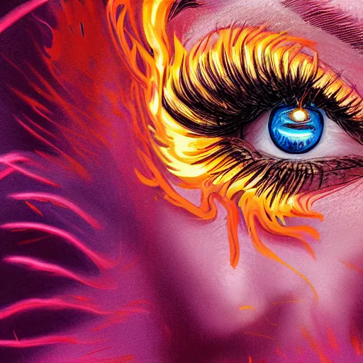 Image similar to eyelashes on fire, digital art, hyper detailed