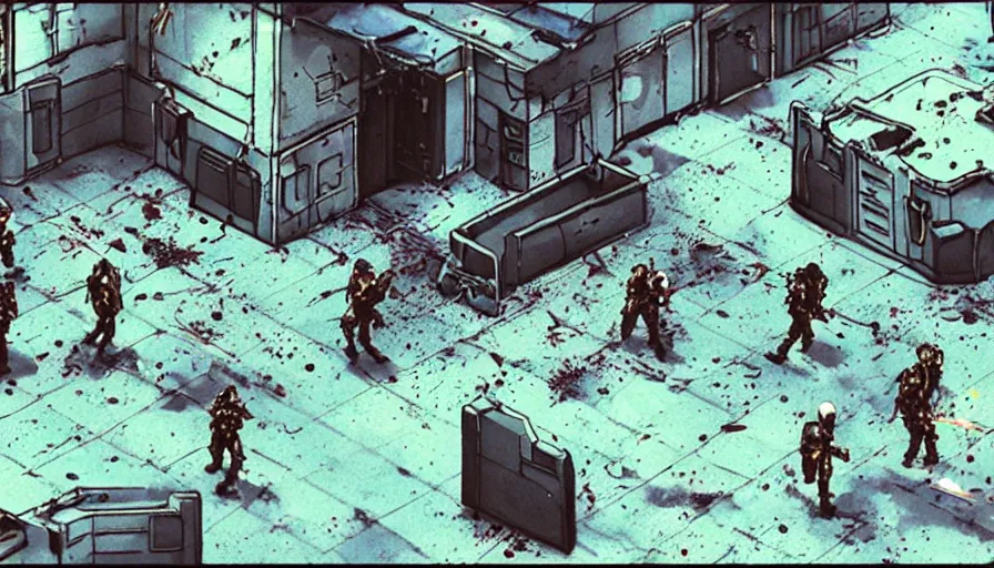 Image similar to 1988 Video Game Screenshot, Anime Neo-tokyo Cyborg bank robbers vs police, Set inside of the Bank, Open Vault, Multiplayer set-piece, Tactical Squads :9, Police officers under heavy fire, Police Calling for back up, Bullet Holes and Realistic Blood Splatter, :6 Gas Grenades, Riot Shields, Large Caliber Sniper Fire, Chaos, Metal Gear Solid Anime Cyberpunk, Akira Anime Cyberpunk, Anime Bullet VFX, Anime Machine Gun Fire, Violent Action, Sakuga Gunplay, Shootout, :7 Inspired by Escape From Tarkov + Intruder + The Specialist + Akira :12 by Katsuhiro Otomo: 19, 🕹️ 😎 🔫 🤖 🚬 🦾