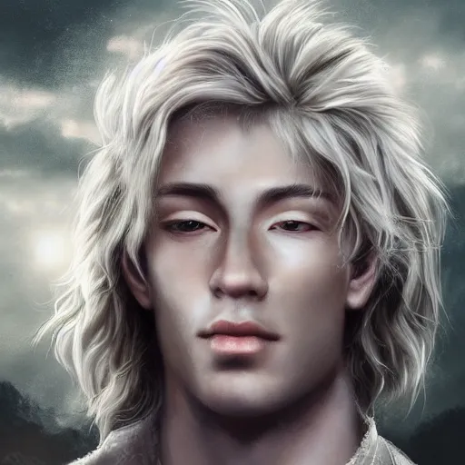 Image similar to a portrait of a young handsome elven prince, white fringy hair, smooth, epic clouds, beautiful landscape, backlit, incredible lighting, strong rim light, subsurface scattering, highly detailed, god rays, digital painting, HDRI, by Heise Jinyao, Heise-Lian Yan Fang, Feimo, Richard Taddei, vivid colors, high contrast, 8k resolution, intricate, photorealistic