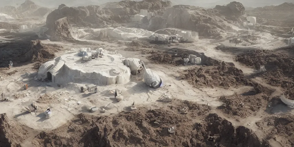 Image similar to perspective anthropocene render of a bioremediation white architecture in the mining tailing in the desert, smooth, rossdraws, norman rockwell, emiliano ponzi, epic composition, hd, octane, unreal engine, volumetric lighting, light rays, masterpiece, award - winning