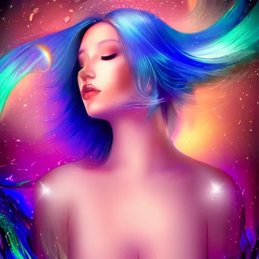 Image similar to portrait of a beautiful woman with iridescent translucent hair, her eyes are closed, hair is floating, digital art, ethereal, galaxy swirls, space, chaotic