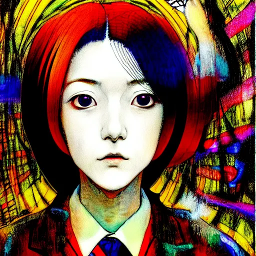 Image similar to yoshitaka amano blurred and dreamy realistic three quarter angle portrait of a young woman with black eyes wearing dress suit with tie, junji ito abstract patterns in the background, satoshi kon anime, noisy film grain effect, highly detailed, renaissance oil painting, weird portrait angle, blurred lost edges