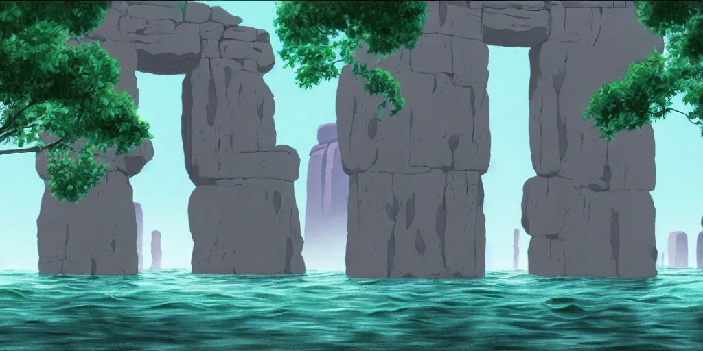 Prompt: a cell - shaded studio ghibli concept art study of water flowing out of a square portal in a flooded monument valley stonehenge temple jungle. very dull colors, hd, 4 k, hq