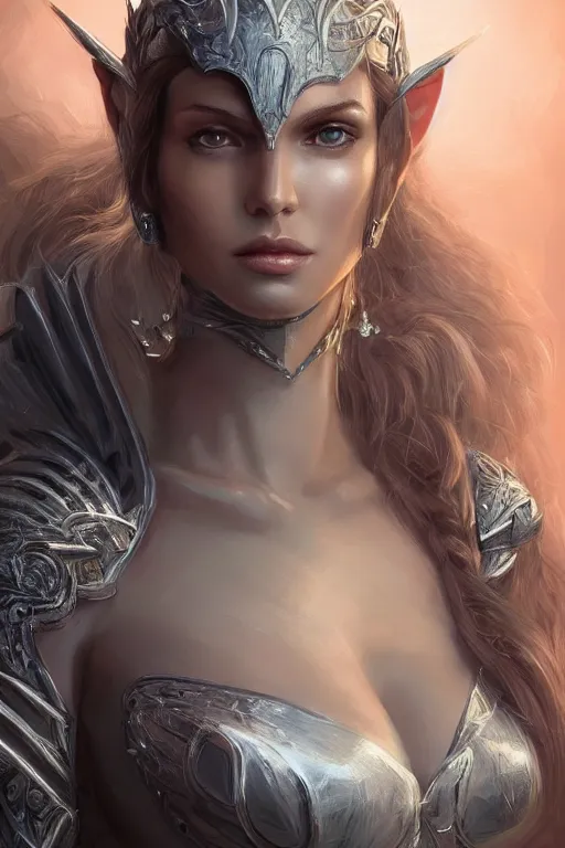 Image similar to three-quarters portrait pose of a beautiful woman, slim body, shining armor, elf warrior, fantasy, intricate, elegant, highly detailed, digital painting, artstation, concept art, matte, sharp focus,D&D, illustration, art by Artgerm and Peter Andrew Jones