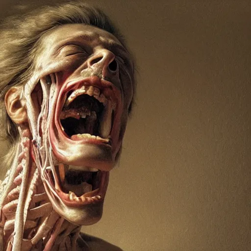 Prompt: female human screaming in pain while her skin crackles, arteries and bones and veins and nerves and muscles visible, beautiful detailed intricate insanely detailed octane render, 8K artistic photography, photorealistic, chiaroscuro, by David Cronenberg, Raphael, Caravaggio