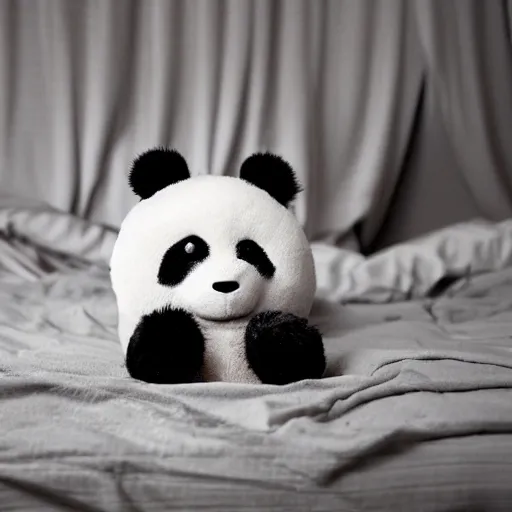 Image similar to a dirty plushie panda sitting alone at the end of a clean white bed. Emotions. Award winning photography