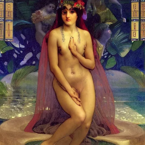 Image similar to Demon Girl at the palace, refracted sparkles, thunderstorm, greek pool, beach and Tropical vegetation on the background major arcana sky, by paul delaroche, alphonse mucha and arnold böcklin, hyperrealistic 8k, award-winning, very very very detailed