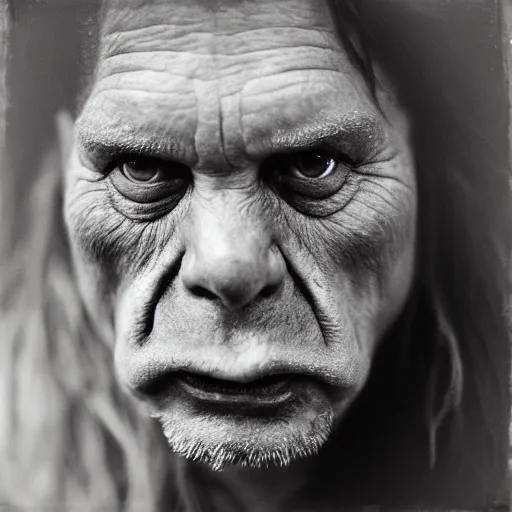 Image similar to a realistic photograph of a orc taken by sally mann, portrait, foggy, hazy, dull colors, detailed, bleak, 70mm