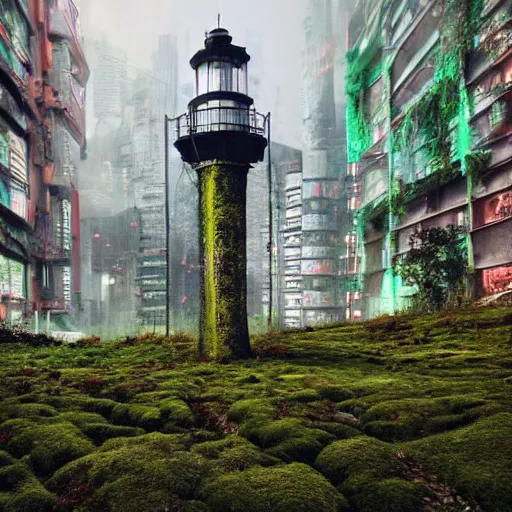 Image similar to photograph of a moss covered light house in the middle of a cyberpunk city on hills