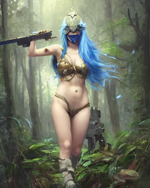 Image similar to stunningly beautifuljapanese girl with blue hair, fantasy art, military girl, army girl outfit, soldier helmet, jungle background, dark light night, sharp focus, digital painting, 8 k, concept art, art by wlop, artgerm, greg rutkowski and alphonse mucha