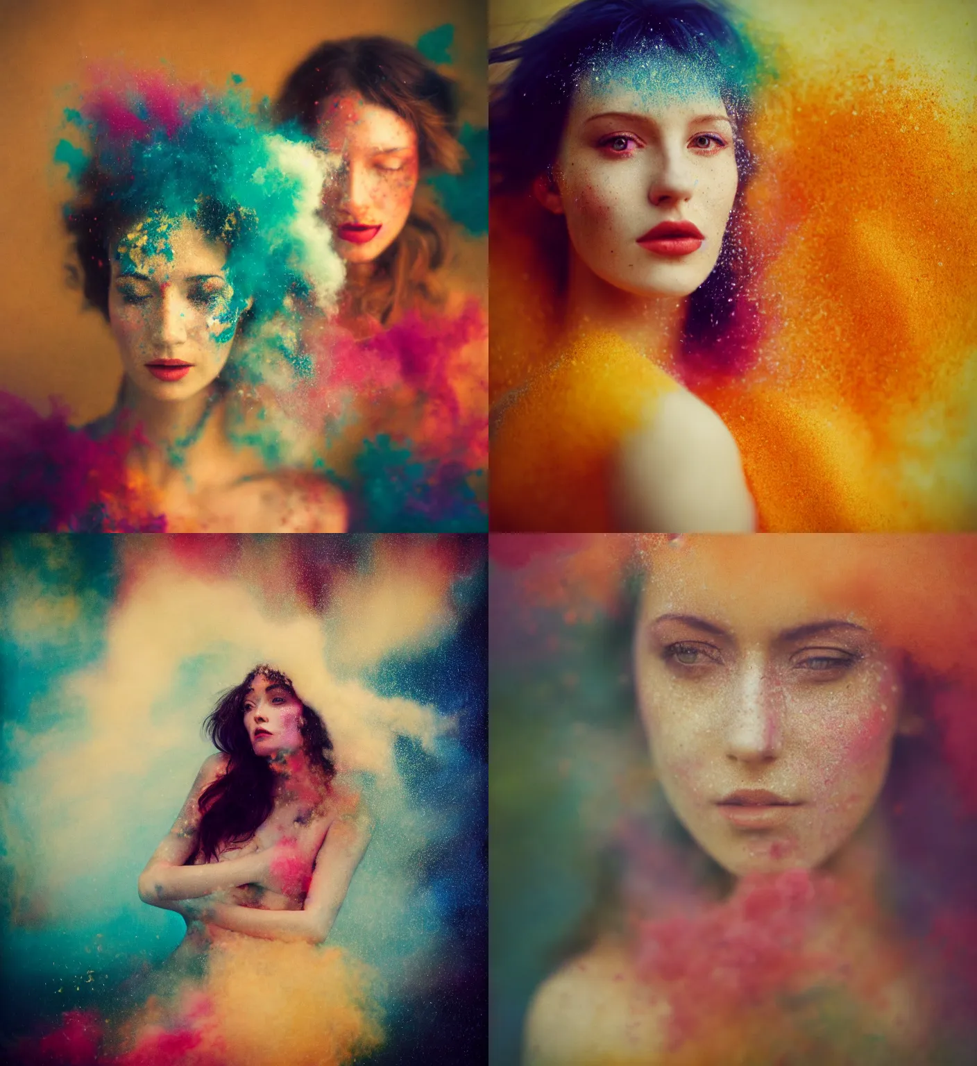 Prompt: close up photography of a beautiful woman surrounded by colored powder explosions byanka zhuravleva and ary scheffer. jean james and marco mazzoni. vogue. kodak portra. bokeh!. golden hour. detailed. hq. realistic. vibrant. lens flare. canon eos r 3, 8 k, raw, symmetrical balance, in - frame