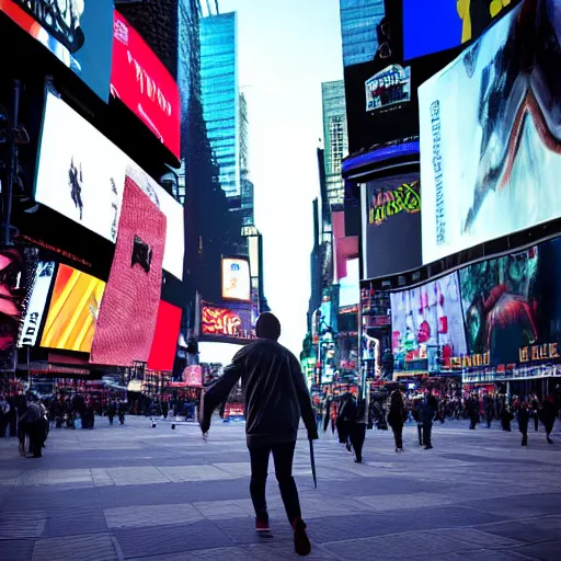 Image similar to demogorgon walking peacefully in times square in the middle of crowdm dawn sunny day, lens flare, hyper realistic, intrincate, 16k, unreal render engine