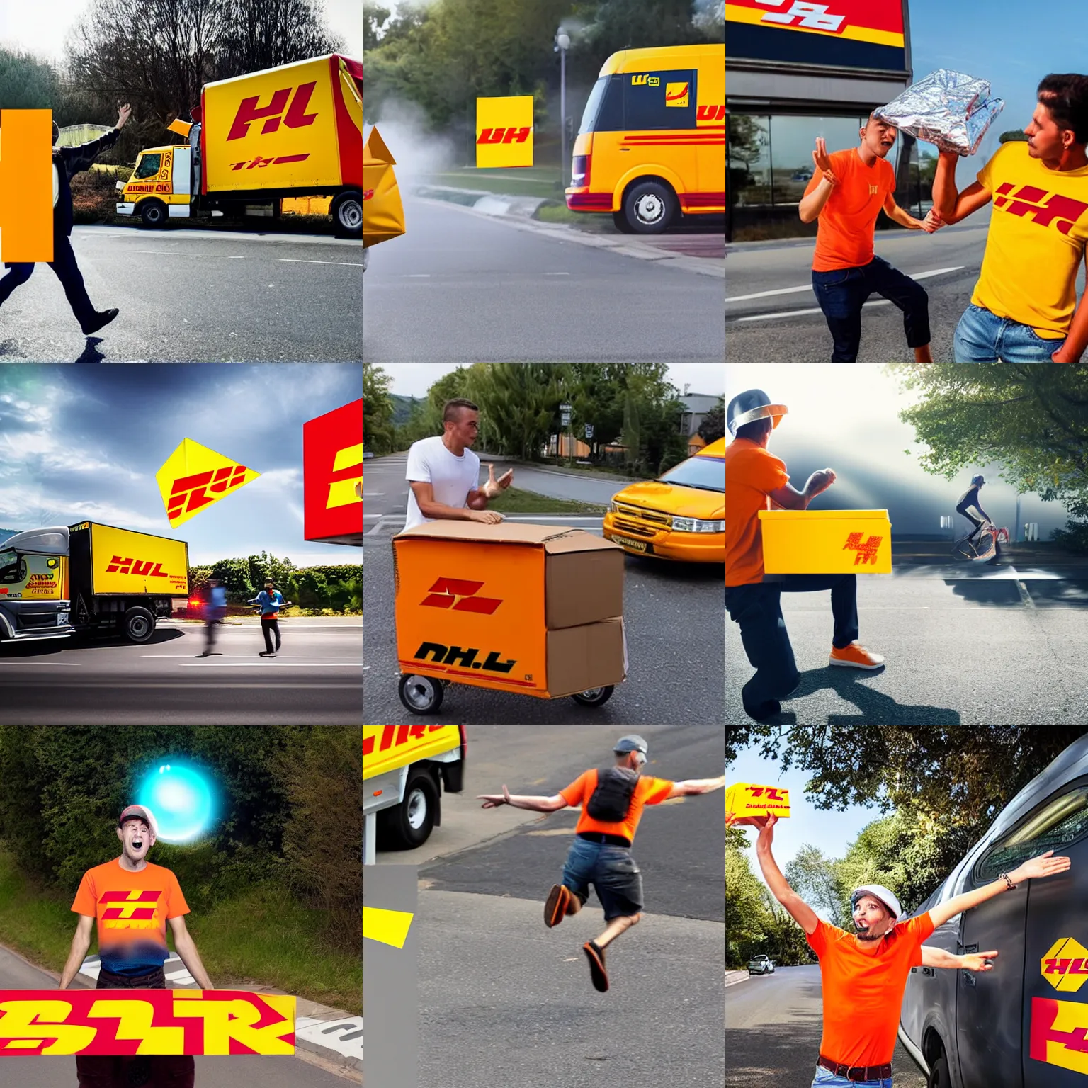 Prompt: Man in orange t-shirt and tin-foil hat being abducted by UFO from his delivery DHL truck