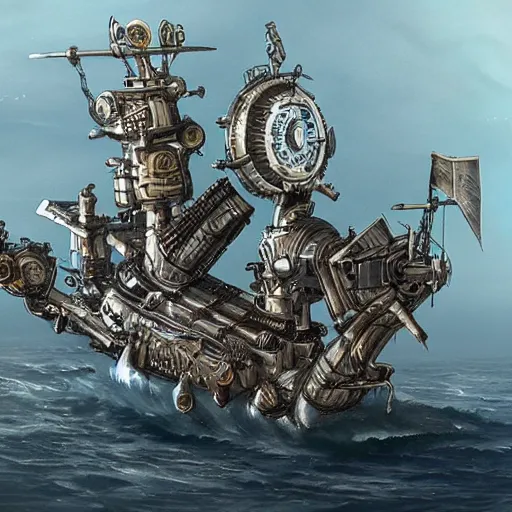 Image similar to future cybernetic steampunk pirate ship with robotic arms concept art