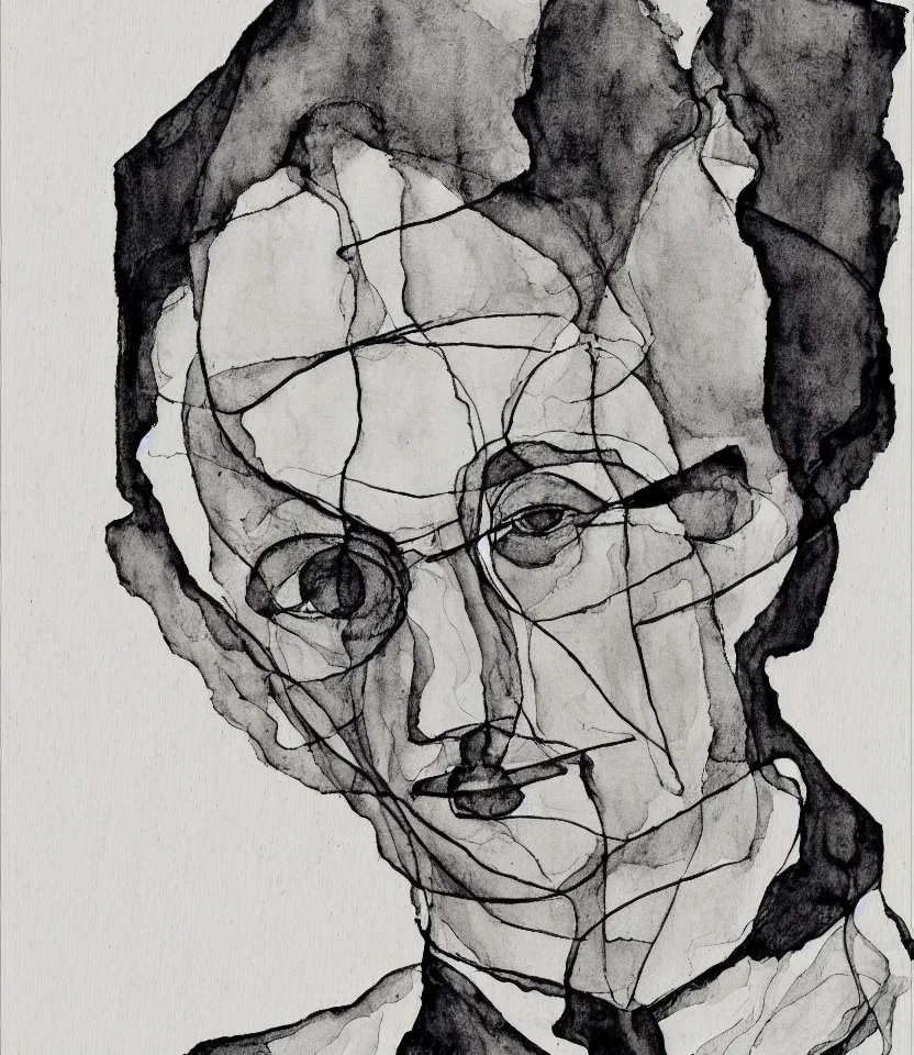 Image similar to elegant ultrafine line art portrait of german writer hermann hesse, inspired by egon schiele. contour lines, musicality, twirls and curves, strong personality