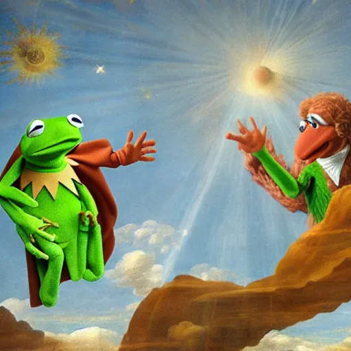 Image similar to the creation of adam but with kermit the frog and jim henson instead, muppets, renaissance style, heavenly, cosmic, god rays, intricate detail, 8 k,