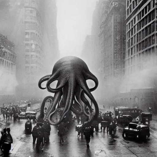 Image similar to old black and white photo, 1 9 1 3, depicting a giant alien dieselpunk octopus rampaging through the bustling streets of new york city, historical record, volumetric fog