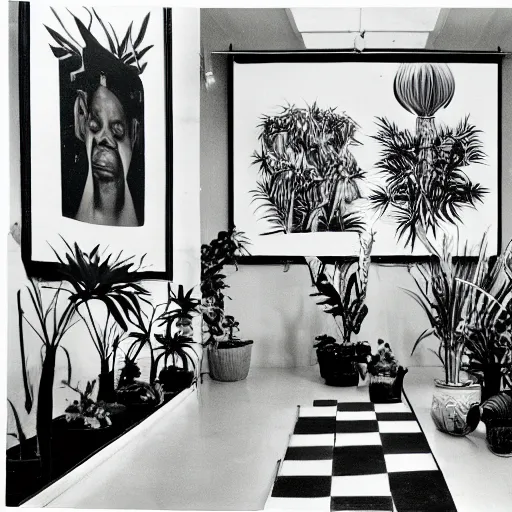 Image similar to A black and white photography in sérigraphie of an exhibition space with works of Sun Ra, Marcel Duchamp and tropical plants - W 1280