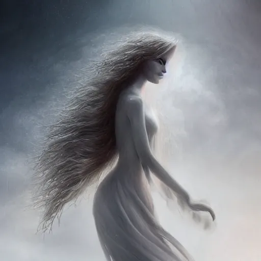 Prompt: A beautiful assemblage of a human-like creature with long, stringy hair. The figure has no eyes, only a mouth with long, sharp teeth. The creature is standing on a cliff overlooking a dark, foreboding sea. misty rose by Lise Deharme dynamic