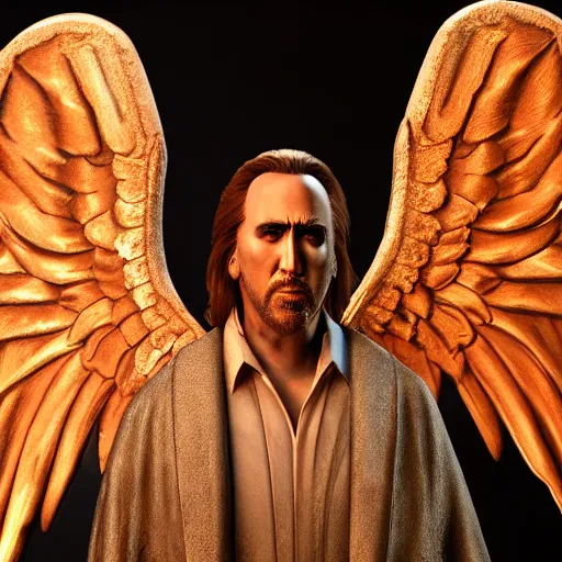 Image similar to nicholas cage angel wings holy light upscale 8 k highly detailed high quality full body shot