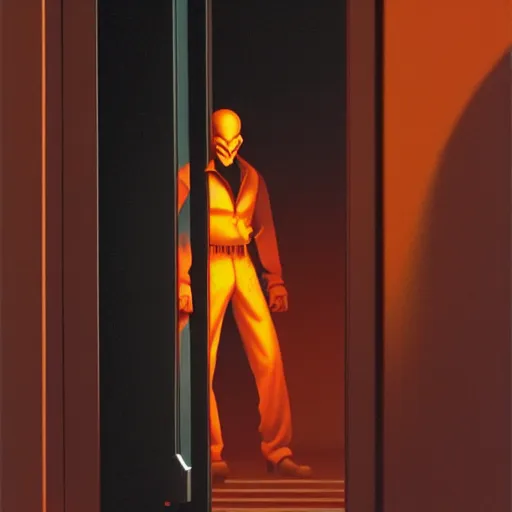 Image similar to an accountant working late does not notice the shadowy figure whose silhouette fills the door to his office. high quality high detail painting by david mattingly and ralph mcquarrie and richard corben, hd, realistic matte painting, photorealistic lighting, modern supernatural urban horror aesthetic.