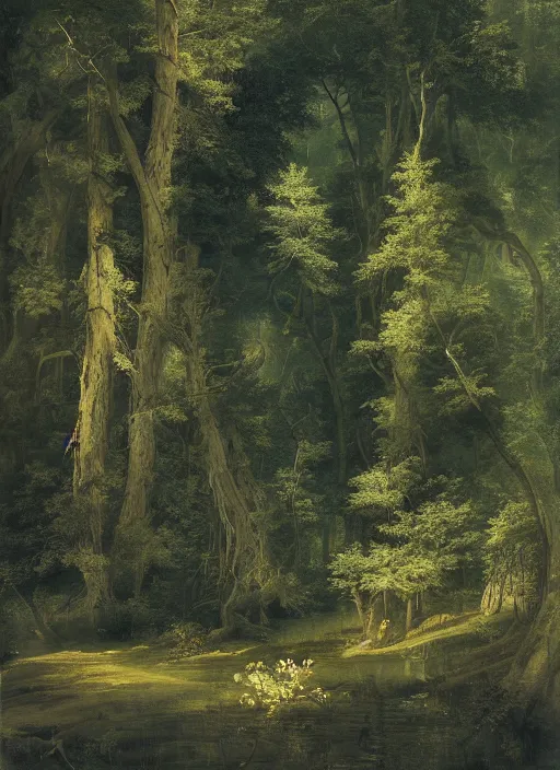 Image similar to a meadow clearing with extremely thin tall trees, spirit of the forest dwells, magically dense, calm serene atmosphere, by asher brown durand, by yoshitaka amano