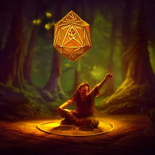 Image similar to a mythical forestmancer god rolling a d 6 dice, glowing energy, fantasy magic, by willian murai and jason chan, dramatic lighting, golden ratio, sharp focus