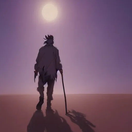 Prompt: a young man with gray hair,a stylish beard,walking through a desert with a glowing stick,digital art,art by greg rutkowski,trevor henderson,rossdraws,character design,concept art,western comic style,sharp lines,photorealiatic,hyperdetailed,detailed face,high quality,professional lighting,glowing