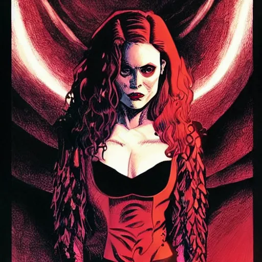 Prompt: vampire : : rafeal albuquerque comic art, john totleben : : gorgeous amy adams : : sharp teeth : : symmetrical face, symmetrical eyes : : gorgeous red hair : : magic lighting : :