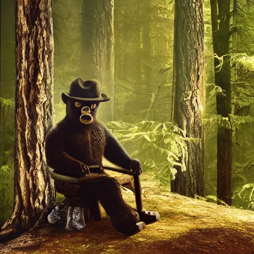 Prompt: UHD canndid photo of Smokey The Bear in the woods, sitting on the porcelain throne, by Annie leibowitz, photorealisitc, extremely detailed