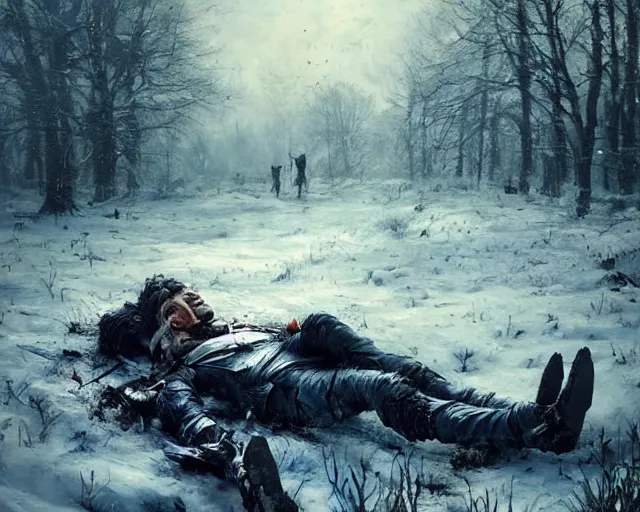 Image similar to Highly realistic oil painting of a wounded knight lying in the snow, surrounded by blue flowers, blood on flowers, by greg rutkowski, highly detailed, cinematic lighting, moody, dark