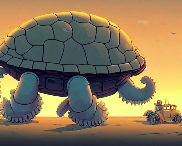 Image similar to a cell shaded cartoon giant grey lovecraftian mechanized turtle from howl's moving castle ( 2 0 0 4 ), with a big head, on a desert road, wide shot, sunset, golden hour, post grunge, concept art by josan gonzales, wlop, by james jean, victor ngai, hq, deviantart, art by artgem