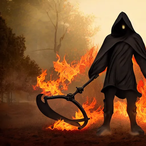 Prompt: a black hooded faceless monster in hells graveyard, holding a scythe, reaper, amazing fire art, ray tracing, realistic fire sharp focus, long shot, 8 k resolution, cinematic