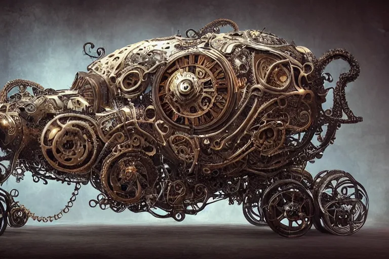 Image similar to biomechanical shiny steampunk vehicle reminiscent of bugatti chiron with (glowing) lights and octopus tentacles parked in ancient mystic woods, gothic and baroque, brutalist architecture, ultradetailed, creepy ambiance, fog, artgerm, giger, Intricate by Ellen Jewett and Josan Gonzalez and Giuseppe Arcimboldo